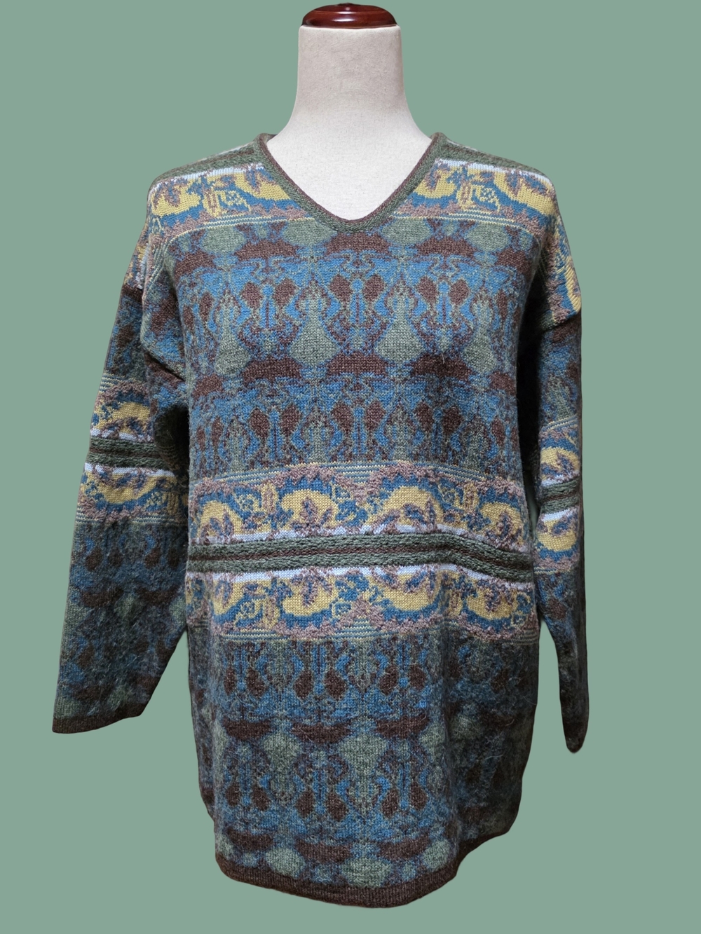 VTG Oilily Teal Multicolor Geometric Knitted Sweater